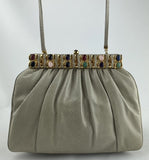 Judith Leiber Karung Snakeskin Taupe Semi Precious Stones Bag Clutch