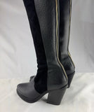 Purified Black Leather/Suede Round-Toe Block Heel Boots Size 39