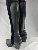Purified Black Leather/Suede Round-Toe Block Heel Boots Size 39