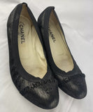 Chanel Black Metallic Ballerina Flats Lace Ruffle Trim Size 38.5