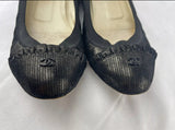 Chanel Black Metallic Ballerina Flats Lace Ruffle Trim Size 38.5