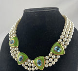 De Vroomen Triple Strand Cultured Pearl Gold Blue Topaz Green Enamel Necklace
