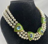 De Vroomen Triple Strand Cultured Pearl Gold Blue Topaz Green Enamel Necklace