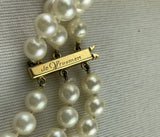 De Vroomen Triple Strand Cultured Pearl Gold Blue Topaz Green Enamel Necklace