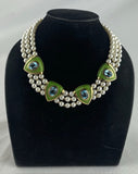 De Vroomen Triple Strand Cultured Pearl Gold Blue Topaz Green Enamel Necklace