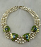 De Vroomen Triple Strand Cultured Pearl Gold Blue Topaz Green Enamel Necklace