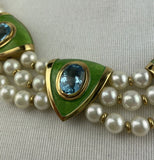 De Vroomen Triple Strand Cultured Pearl Gold Blue Topaz Green Enamel Necklace