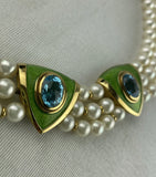 De Vroomen Triple Strand Cultured Pearl Gold Blue Topaz Green Enamel Necklace