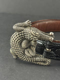 Sterling Silver Barry Kieselstein Cord Alligator Buckle Black Leather Belt Size 3