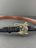 Sterling Silver Barry Kieselstein Cord Alligator Buckle Black Leather Belt Size 3