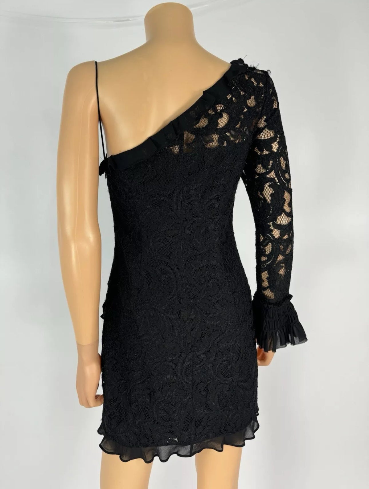 Alexis Women's Black One Shoulder Lace Ruffle Mini Dress Size M pennypincherboutique Alexis Women's Black One Shoulder Lace Ruffle Mini Dress Size M pennypincherboutique