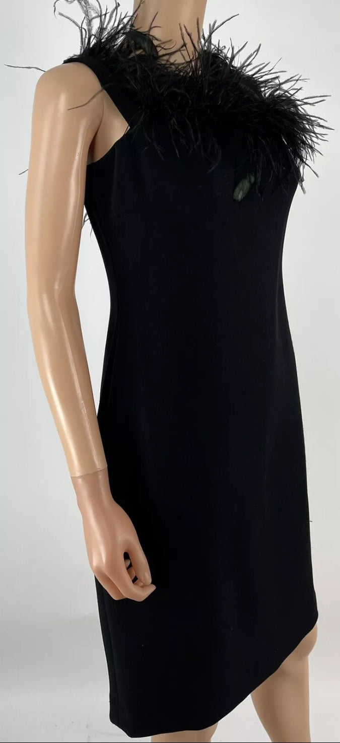 Badgley Mischka Black Feather Trim Sleeveless Sheath Dress Size 10   pennypincherboutique