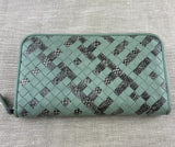 Bottega Veneta Mint Green and Snakeskin Woven Leather Zip Around Wallet