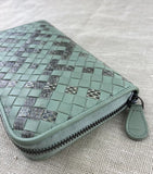 Bottega Veneta Mint Green and Snakeskin Woven Leather Zip Around Wallet