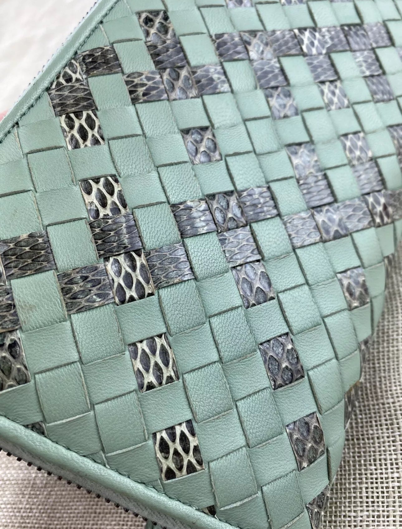 Bottega Veneta Mint Green and Snakeskin Woven Leather Zip Bottega Veneta Mint Green and Snakeskin Woven Leather Zip
