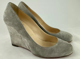 Christian Louboutin Light Gray Suede Round Toe Wedge Heels Size 37 / US 7