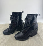 CLERGERIE Black Patent Leather Lace Up Snake Skin Booties w/ Chunky Heel 7