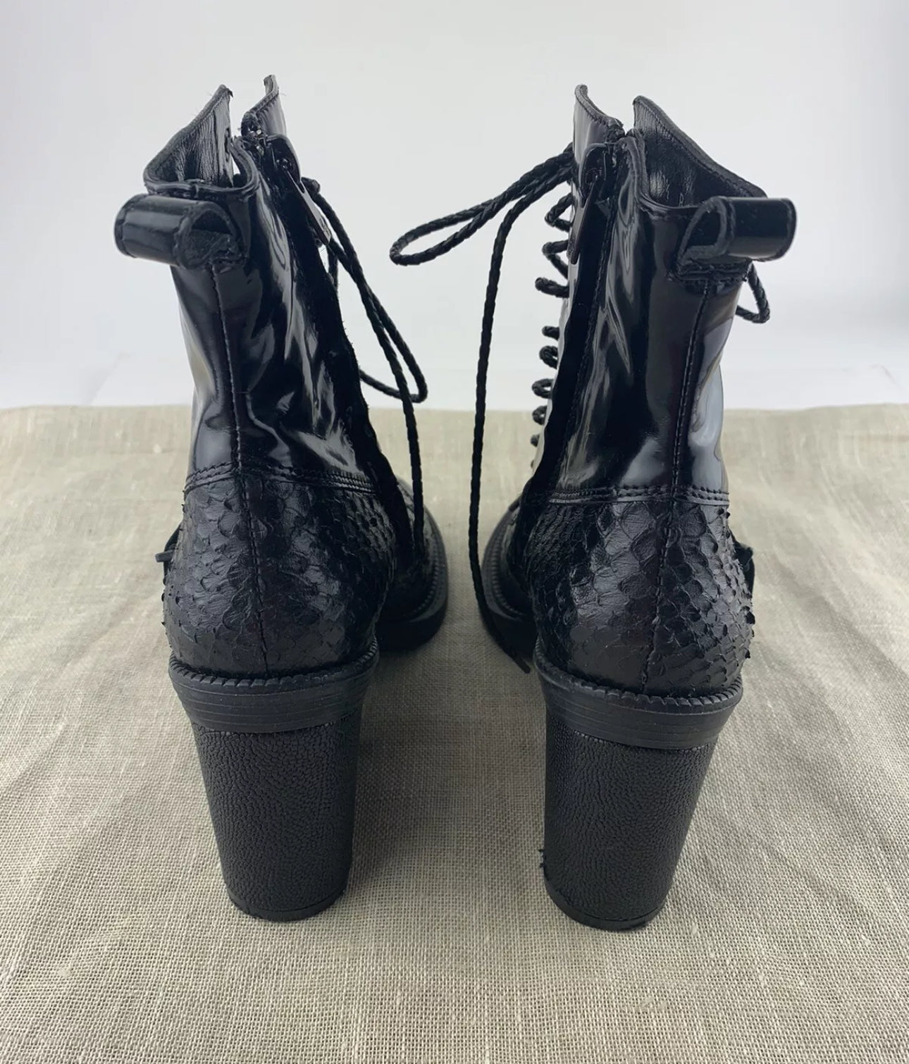 CLERGERIE Black Patent Leather Lace Up Snake Skin Booties w Chunky He pennypincherboutique