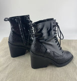 CLERGERIE Black Patent Leather Lace Up Snake Skin Booties w/ Chunky Heel 7