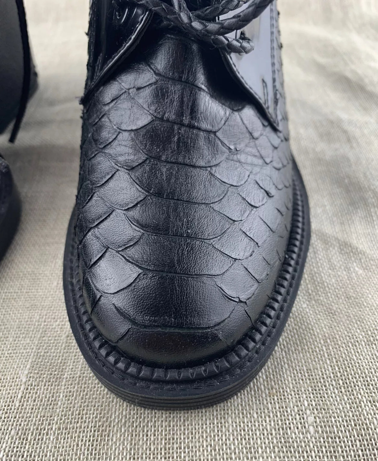 CLERGERIE Black Patent Leather Lace Up Snake Skin Booties w