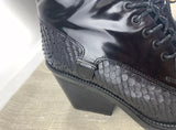 CLERGERIE Black Patent Leather Lace Up Snake Skin Booties w/ Chunky Heel 7