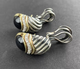 DAVID YURMAN Silver Waverly 925/750 Onyx Drop Earrings w/ Diamond Trim