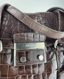 Prada St. Cocco Lucido Bauletto Handle Bag Crocodile Embossed Leather Brown