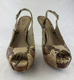 GUCCI Sandals Platform Sandal Brown Leather Peep Toe Ankle Strap Snakeskin 38.5 / US 8.5