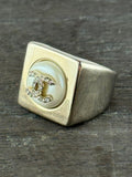 Chanel Autumn 2023 Silver Square Cocktail Ring w/ Faux Pearl & Crystal CC Logo Size 6.5