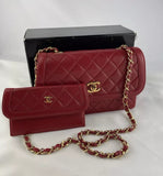 Chanel Vintage Red Quilted Leather Flap Gold CC Chain Shoulder Bag Purse w/ Wallet Insert