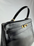 HERMES Black Kelly 32 Outer Stitch GD Hardware Box Calf Bag