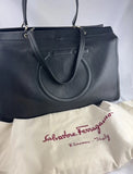 Ferragamo Gancini Black Leather Gold Hardware Tote Hand Bag