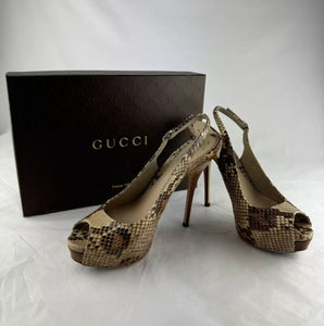 GUCCI Sandals Platform Sandal Brown Leather Peep Toe Ankle Strap Snakeskin 38.5 / US 8.5