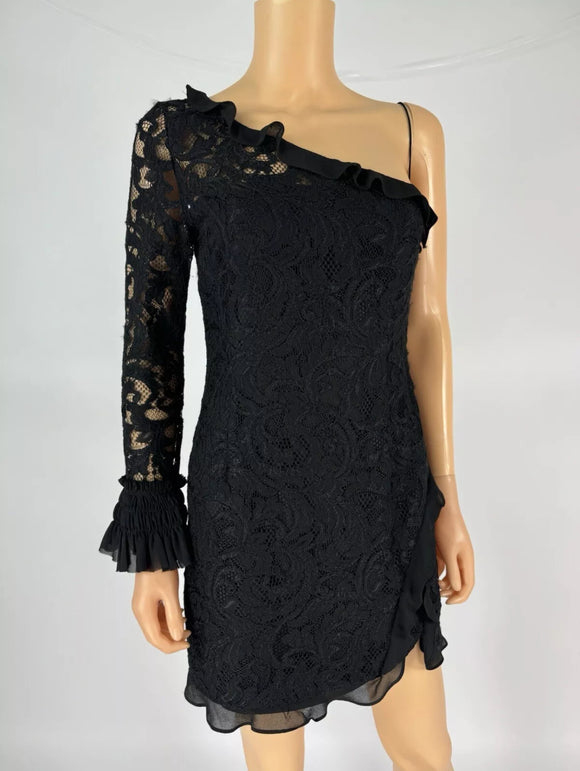 Alexis Women's Black One Shoulder Lace Ruffle Mini Dress Size M pennypincherboutique Alexis Women's Black One Shoulder Lace Ruffle Mini Dress Size M pennypincherboutique