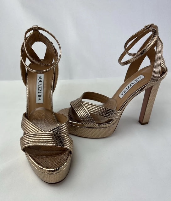 AQUAZZURA Gold Snakeskin Strappy Pumps W35
