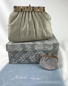 Judith Leiber Karung Snakeskin Taupe Semi Precious Stones Bag Clutch