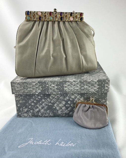 Judith Leiber Karung Snakeskin Taupe Semi Precious Stones Bag Clutch