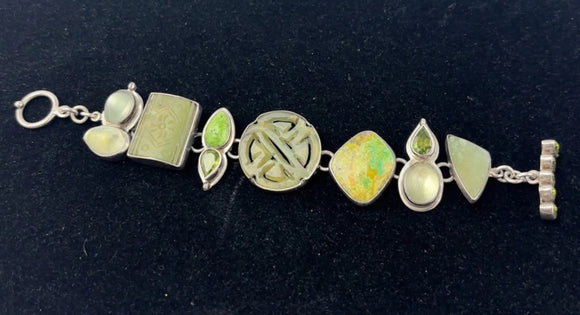 Echo of the Dreamer Sterling Silver Jade, Shell + Multi Green Gemstones Bracelet