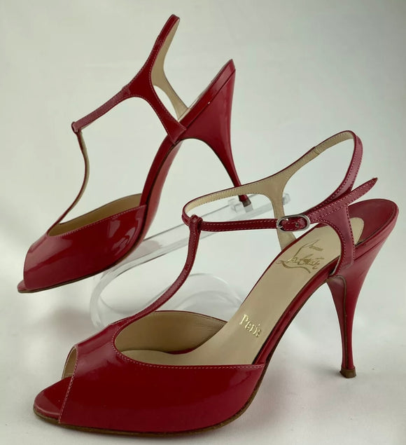 Christian Louboutin Red Patent Leather T-Strap Peep Toe Heels