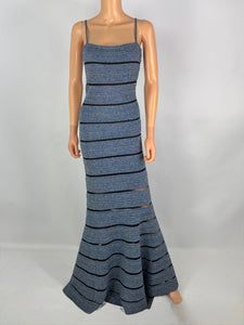 Herve Leger Blue Metallic Striped Maxi Dress Evening Gown Size Small