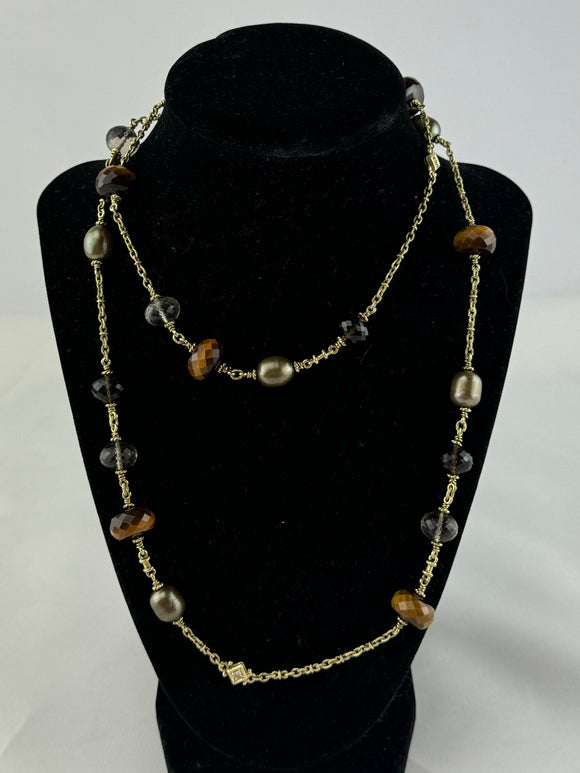 Judith Ripka Bahama Mama Tigers Eye, Pearl & Quartz Bead 18k Gold Chain Necklace