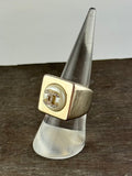 Chanel Autumn 2023 Silver Square Cocktail Ring w/ Faux Pearl & Crystal CC Logo Size 6.5