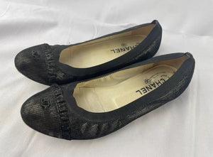 Chanel Black Metallic Ballerina Flats Lace Ruffle Trim Size 38.5