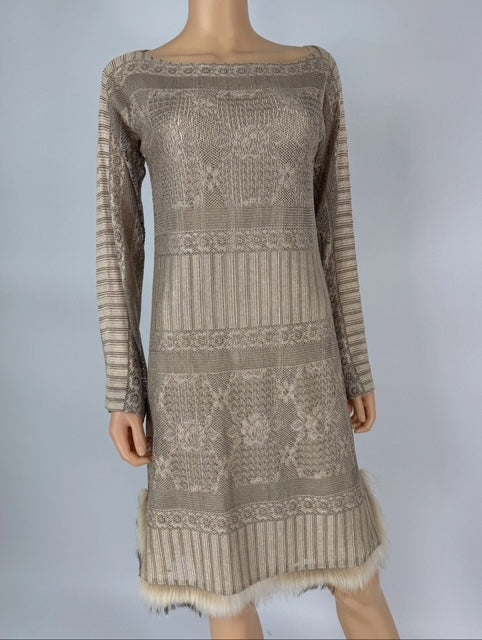 J. Mendel Tan Knit Dress With Fur Hem Trim, Size 6