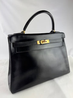 HERMES Black Kelly 32 Outer Stitch GD Hardware Box Calf Bag