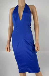 Abyss By Abby Deep V Fitted Blue Open Back Halter Dress Size S