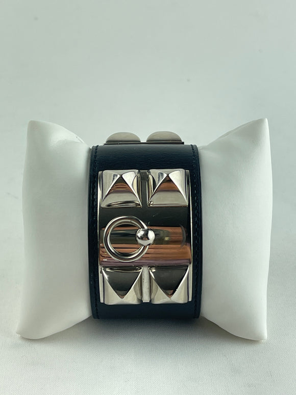 Hermes Collier De Chien Black Leather & Silver Cuff Bracelet S