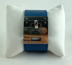 Hermes Kelly Dog Blue Calfskin Leather & Silver Wide Bracelet Cuff S