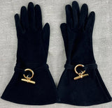 Hermes Vintage Gold Toggle Cuffed Black Suede Gloves