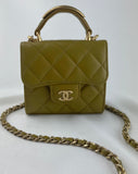 New CHANEL Mini/Micro Quilted Square Classic Flap Clutch Bag w/ Gold Chain Green